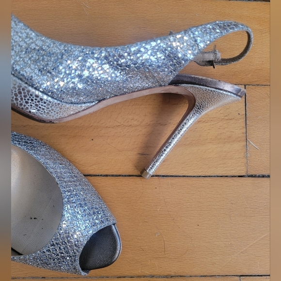 Jimmy Choo Silver Peep-Toe Slingback Heels - Picture 2 of 8
